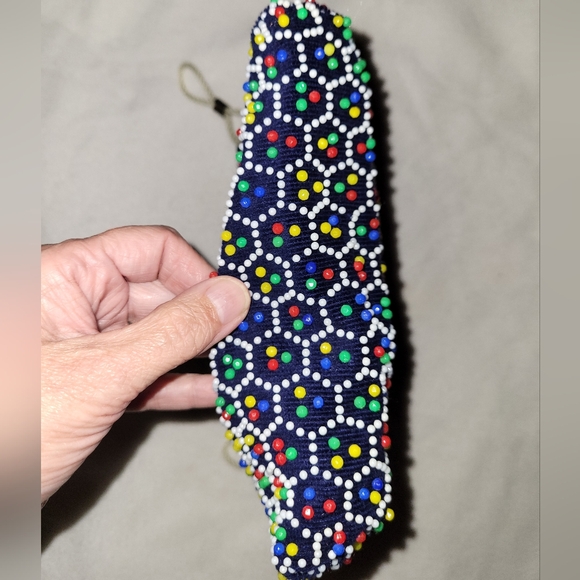 Reversible Drawstring Black or Sky Blue Beaded Pouch Purse Bag 8.5" x 9.5" - Picture 4 of 11